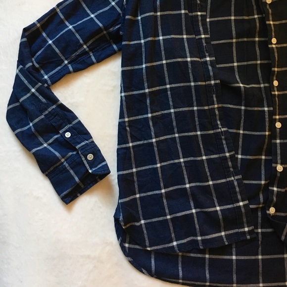 MUJI navy blue grid button down flannel shirt 🗣 - Picture 1 of 7